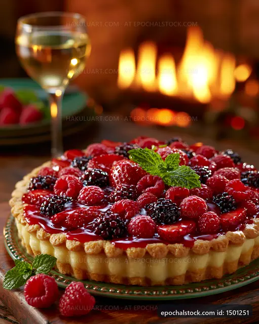 Fresh fruit tart on table with wine glass near fireplace