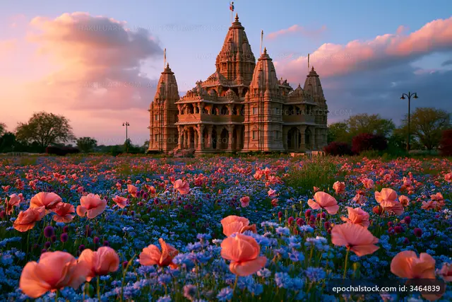 Temple surrounded by flowers at sunset