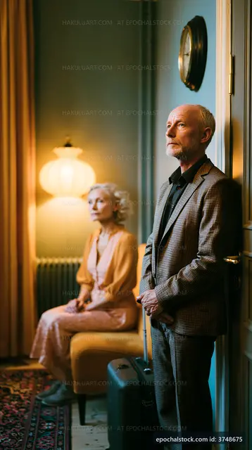 Couple waiting in a room with warm lighting and vintage decor