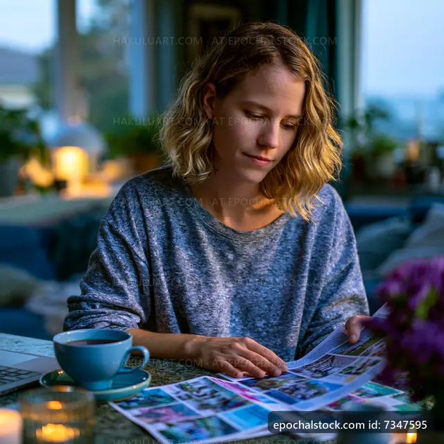 Woman reviewing printed materials at home in soft evening light