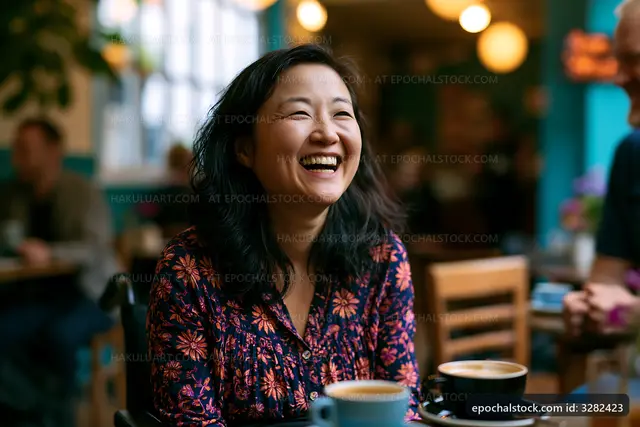 Woman sitting in a cafe smiling and enjoying coffee