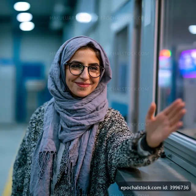 Woman in a gray scarf smiling and waving indoors