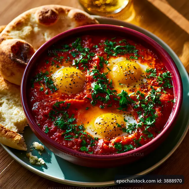 Eggs cooked in tomato sauce served with bread on a plate