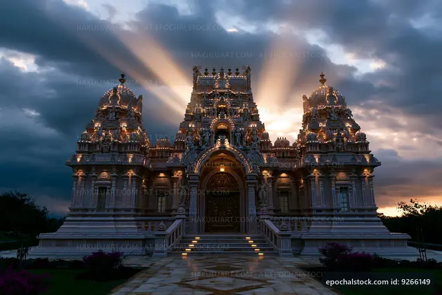 Beautiful temple with lights under cloudy sky at dusk