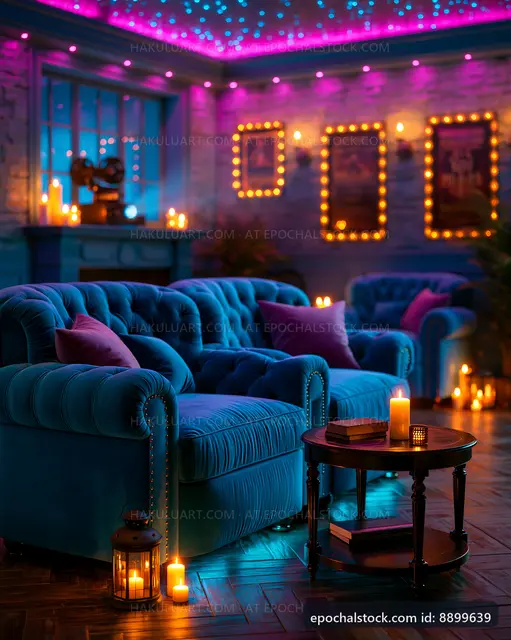 Cozy living room with blue couches and colorful lights