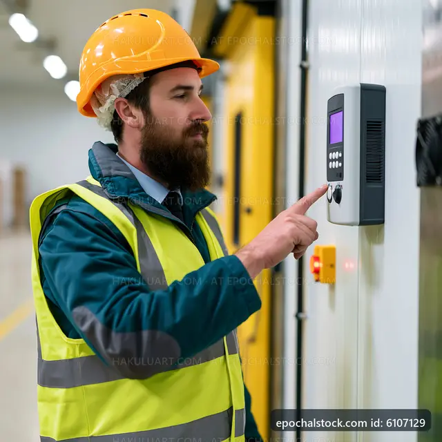 Worker in safety gear operating control panel in warehouse