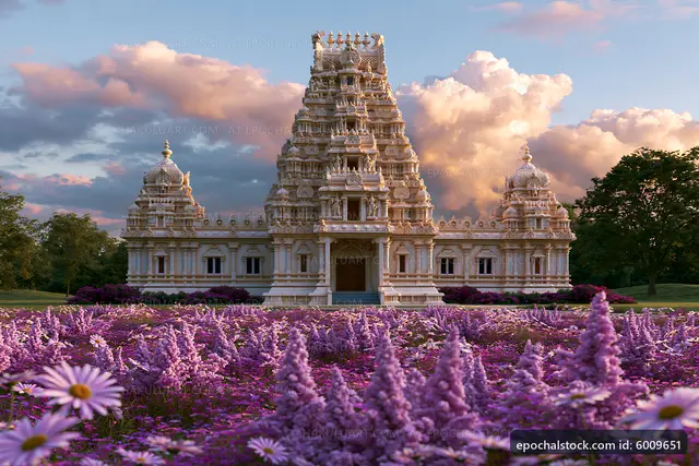 Temple surrounded by purple flowers at sunset