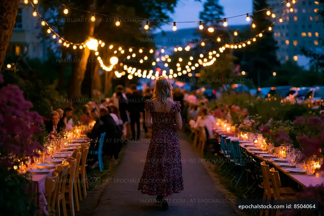 Evening dinner party with string lights and guests in garden