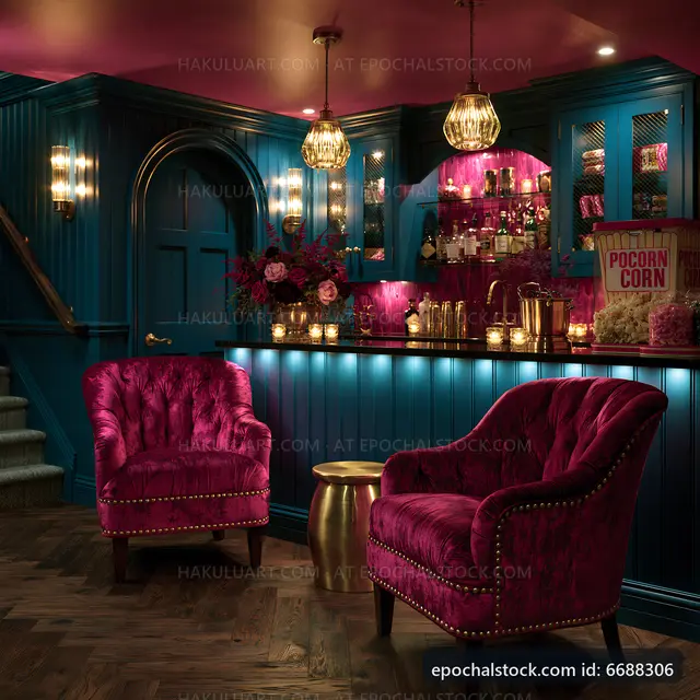 Cozy lounge area with pink chairs and a well-lit bar