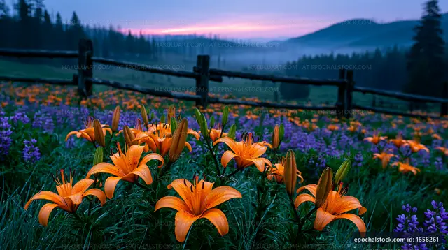 Vibrant orange lilies in a misty field at sunrise