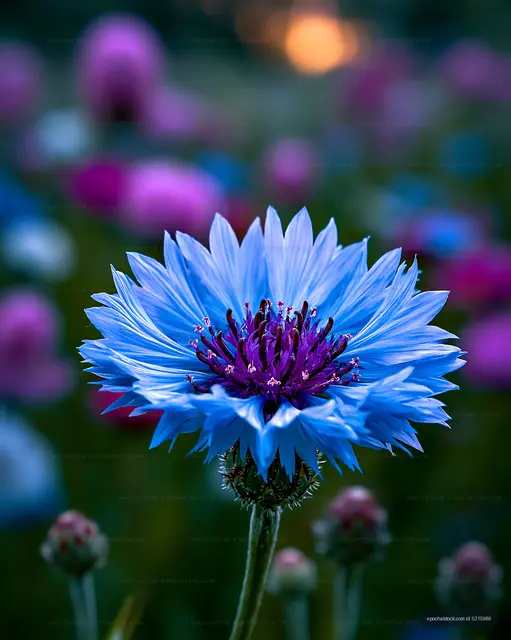 Bright blue flower in a vibrant field during sunset