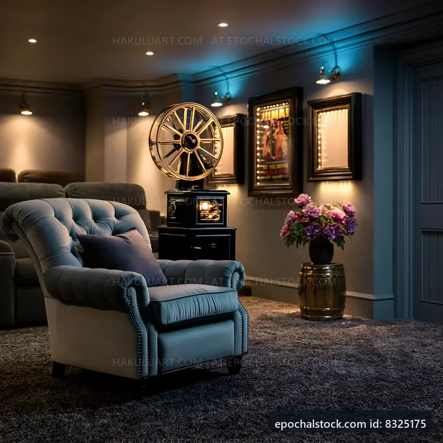 Cozy home theater with a reclining chair and vintage decor