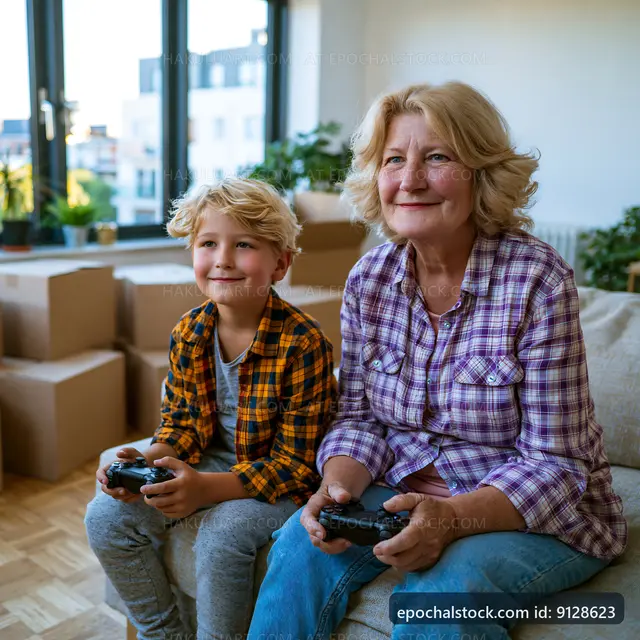Grandmother and grandson playing video games indoors