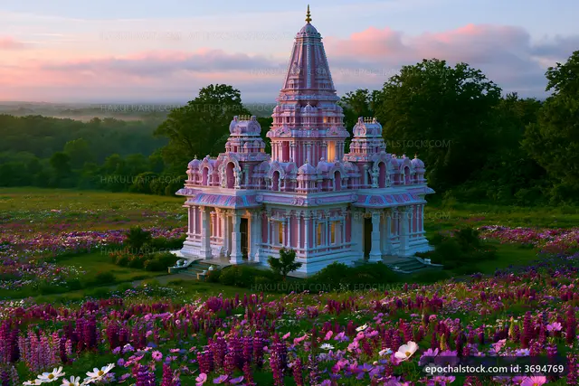 Temple surrounded by flowers at sunset in a rural setting