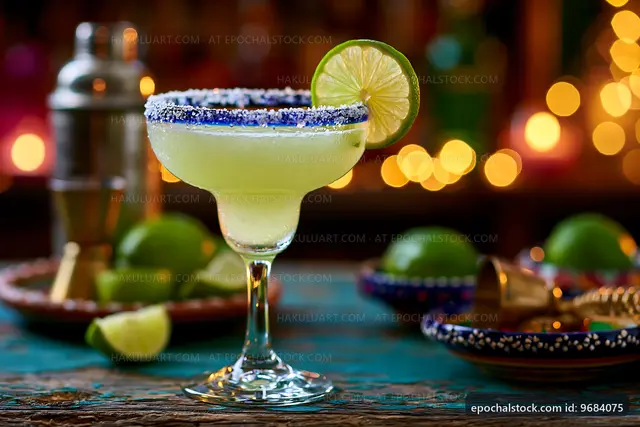 Margarita with lime on a wooden table in a lively setting