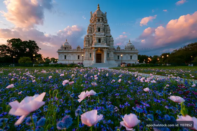 Sunset view of a temple surrounded by flowers in a garden