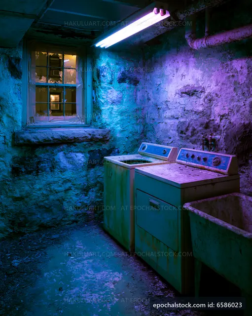 Basement laundry room with blue lighting and old appliances
