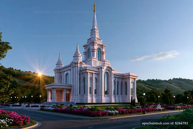 Church building with tall spires surrounded by flowers and trees