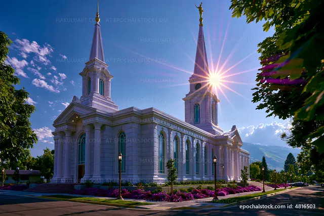 Historic church building under blue sky with sunlight