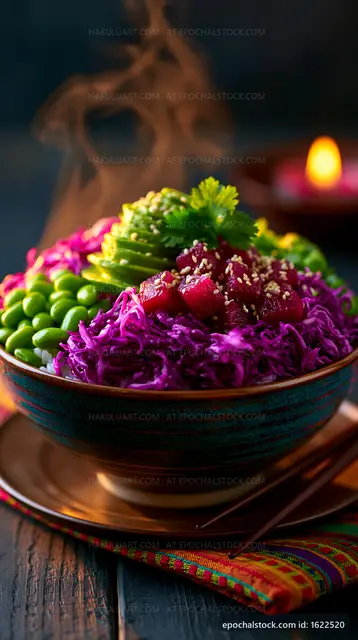 Colorful bowl of fresh vegetables and herbs with steam rising