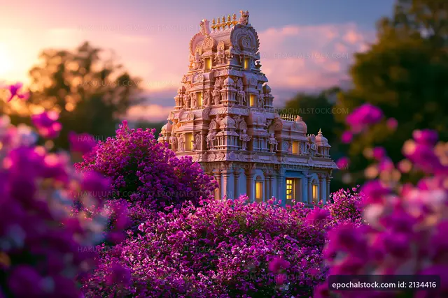 Temple surrounded by blooming purple flowers at sunset