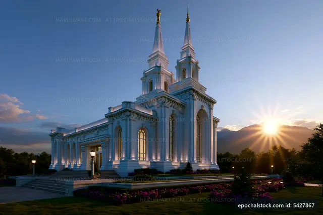 Sunrise at a modern church building surrounded by gardens