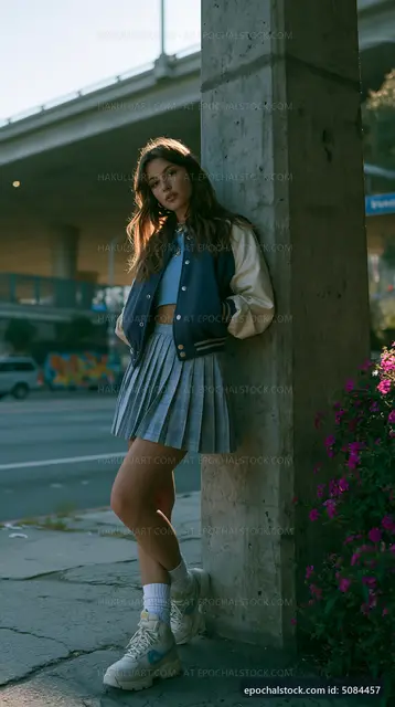 Girl in plaid skirt leaning against a concrete column