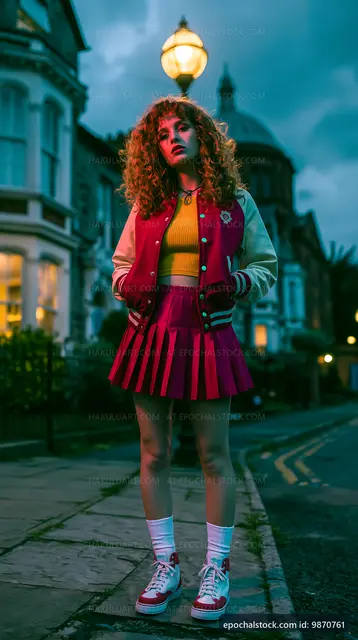 Young woman standing on urban street in colorful outfit