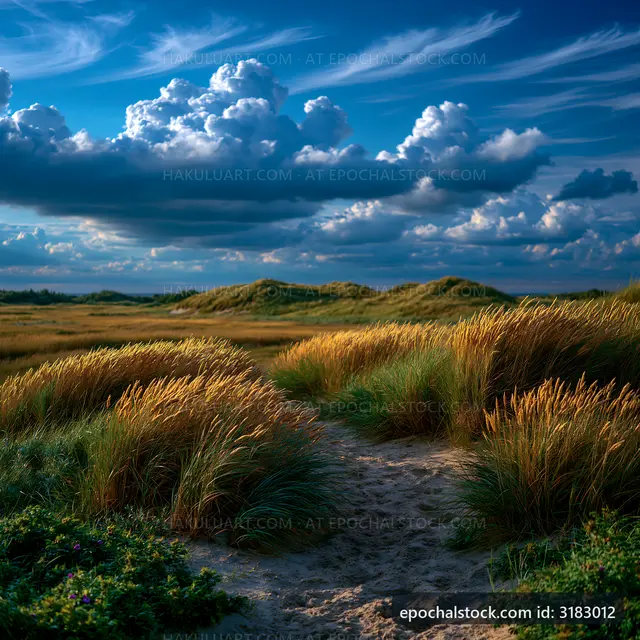 Cloudy sky over grass landscape with sandy path
