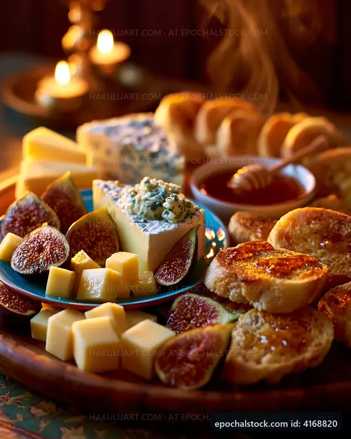 Cheese and fig platter with bread and honey on a wooden table