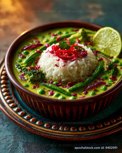 Green curry with rice and vegetables in a bowl on a table