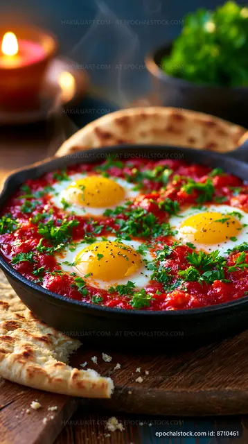 Shakshuka with eggs, tomato sauce, and herbs in a skillet