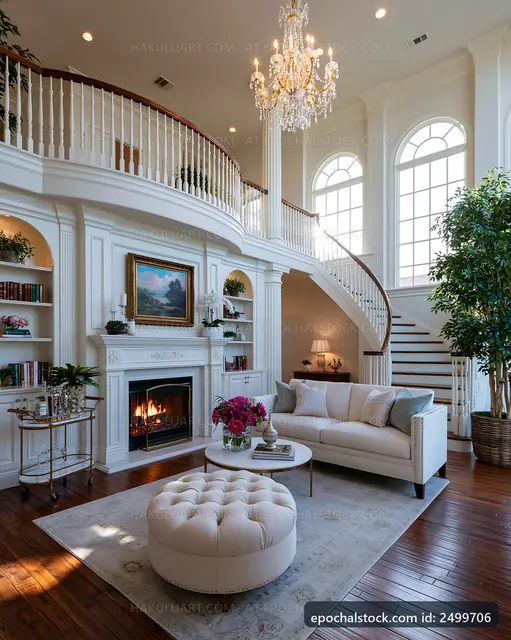 Spacious living room with elegant decor and fireplace