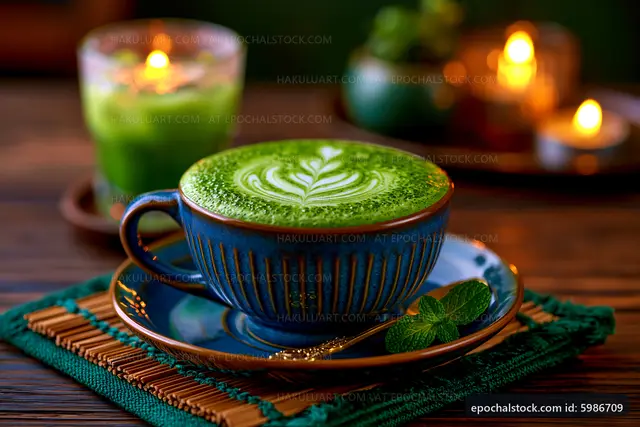 Matcha latte in blue cup with candle and mint leaves