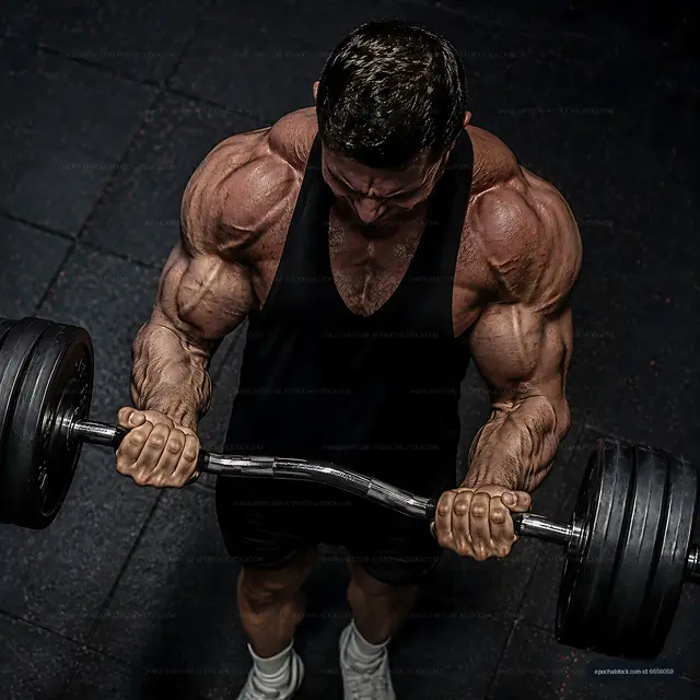 Muscular man lifting weights in a gym setting
