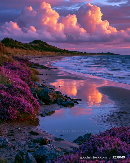 Sunset over beach with purple flowers and calm water reflections