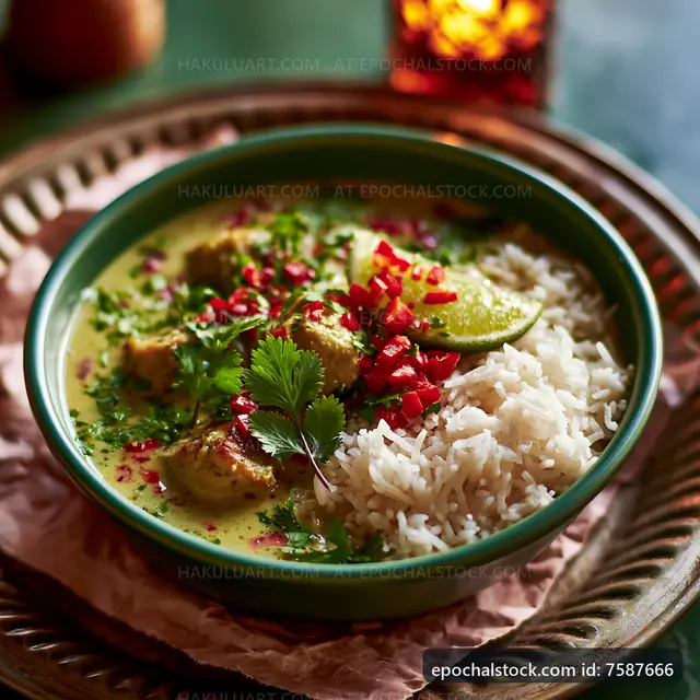 Green curry with rice served in a bowl on a textured plate