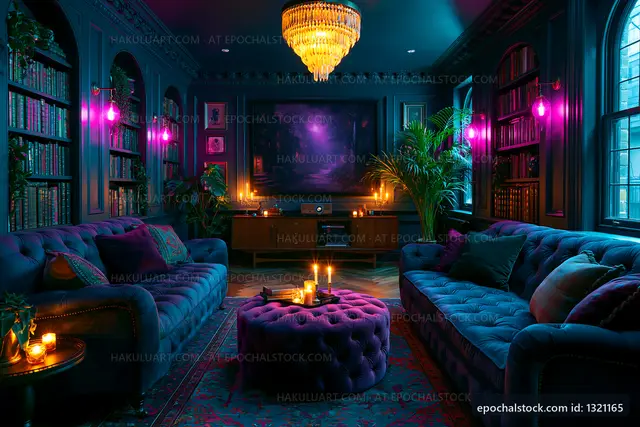 Cozy living room with dark decor and warm lighting