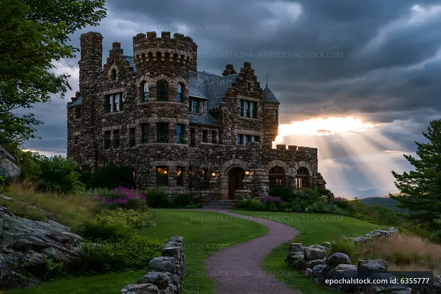 Historic stone castle surrounded by trees and clouds