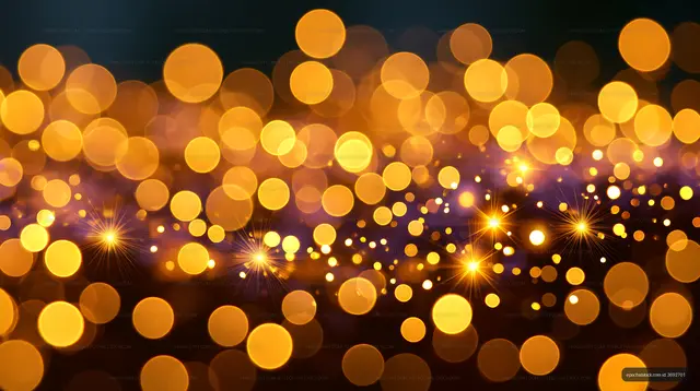 Bokeh lights in shades of orange and gold create a festive backdrop