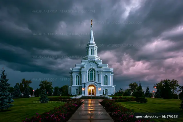 Stormy sky over a church building with illuminated entrance