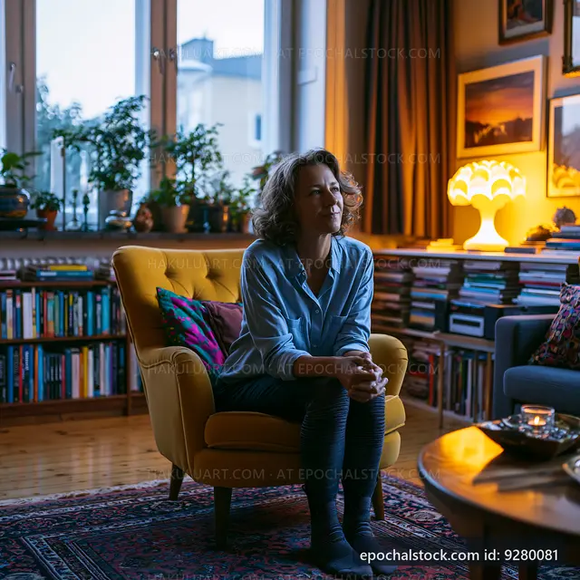 Woman sitting in yellow armchair in cozy living room