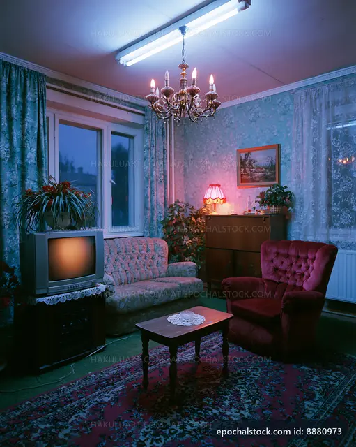 Cozy retro living room with vintage decor and soft lighting