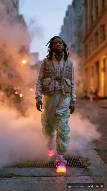 Walking through city streets with fog at dusk