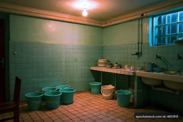 Empty room with blue buckets and a simple countertop setup