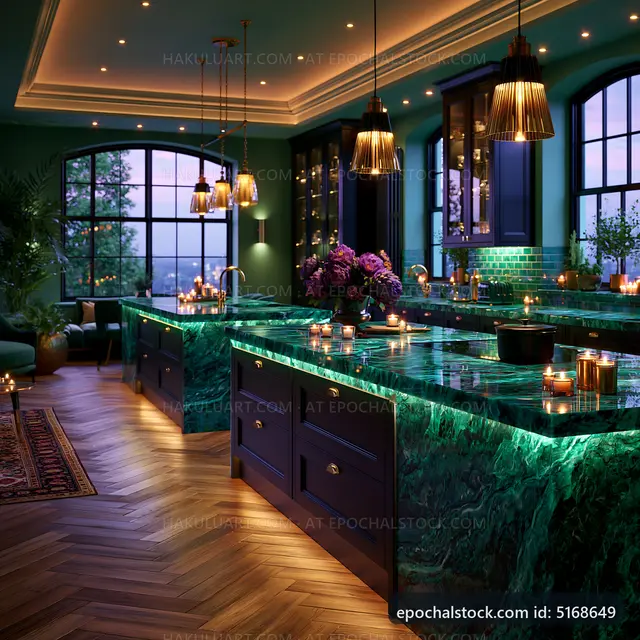 Modern kitchen with green marble countertops and warm lighting
