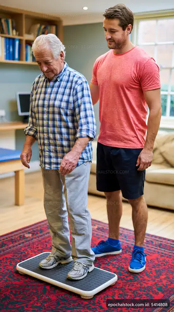 Senior man receiving assistance with balance training