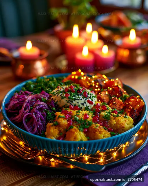 Colorful dinner spread with various dishes and candlelight ambience