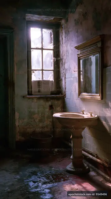 Old bathroom with aged walls and vintage sink in natural light