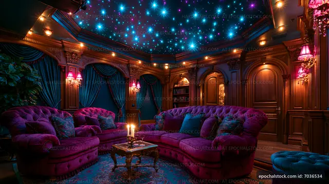 Cozy lounge with purple decor and starry ceiling